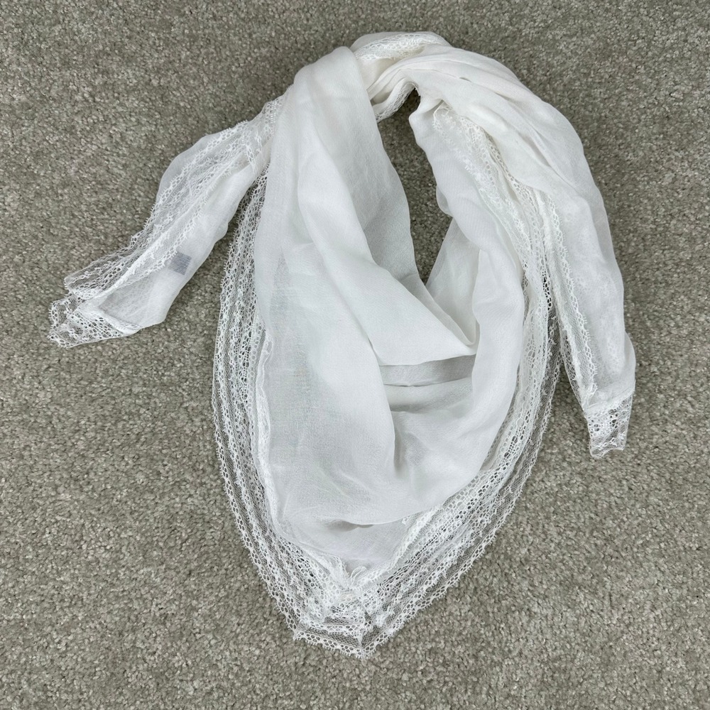 White Sheer Lace Trim Square Scarf Lightweight Wrap Coquette Cottagecore Lacey